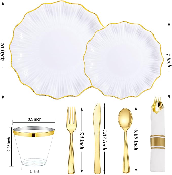 U-QE 175PCS Gold Plastic Plates - Disposable Dinnerware Set for 50 Guests - White and Gold Plates and Napkins Party Supplies include 50 Plates, 25 Per Rolled Napkins with Gold Cutlery, 25 Cups