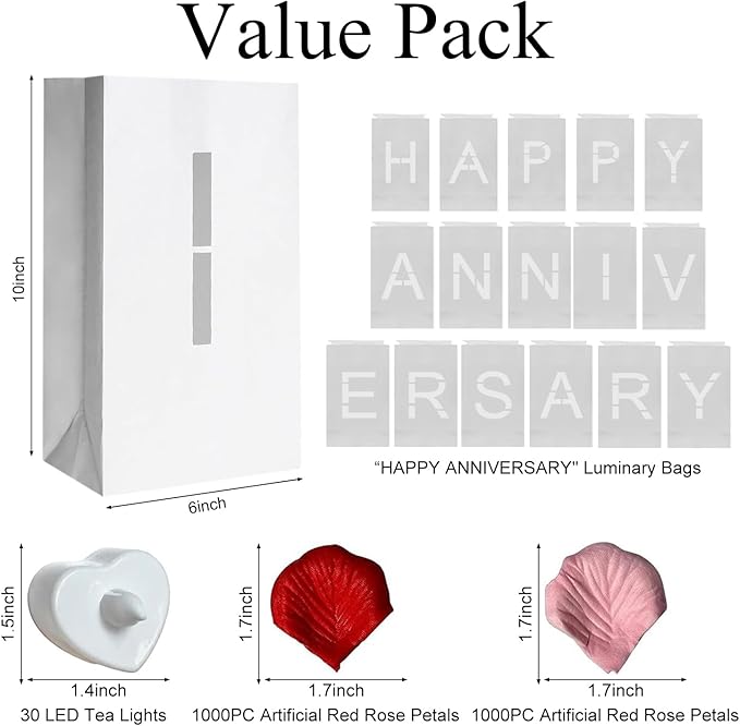 Happy Anniversary Decoration, Light Up Letters Luminaries Signs with Flameless Candles and Fake Rose Petals, Anniversary Romantic Party Decor