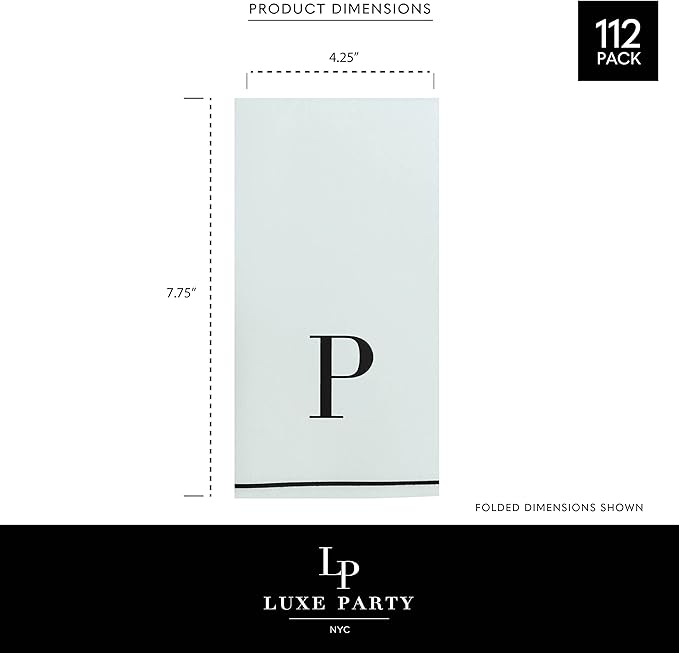 Luxe Party 112 Pack Monogram Napkins | Letter P Initial | Disposable | Premium Airlaid | Linen Feel | Decorative Table Setting | Guest Towel Napkin | White and Black