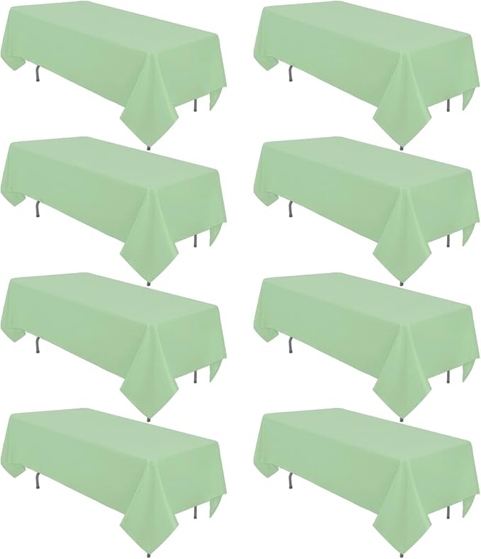 8 Pack Light Green Tablecloth 60 x 102 Inch Rectangular Green Table Cloth for 6 Foot Rectangle Tables, Wrinkle Resistant Washable Polyester Fabric for Wedding Party Banquet Buffet and Camping
