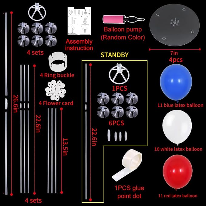 TONIFUL Balloon Centerpiece for Table Balloons Stand Kit Blue Red White Balloons for 4th of July Independence Day American Flag Party Nautical Baseball Party Decorations（4 Pcs）