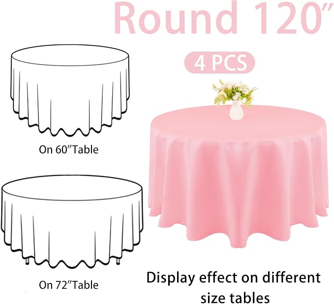 4 Pack Round Tablecloth 120 Inch Polyester Washable Fabric Table Covers for Wedding Dining Table Buffet Parties Banquet Decoration（Pink）