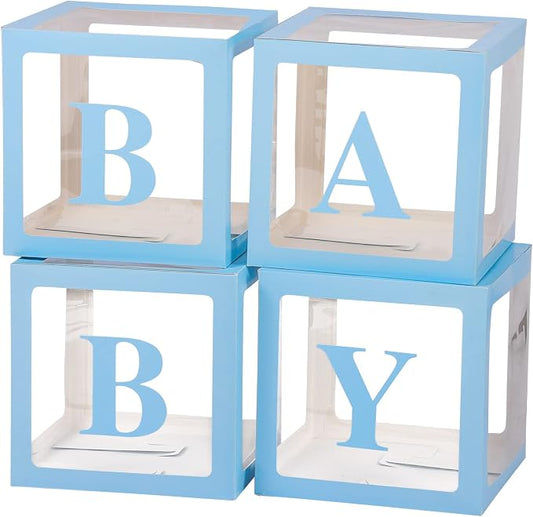 Baby Boxes with Letters for Baby Shower Decorations - 4 Transparent Balloon Boxes for Gender Reveal (Blue)