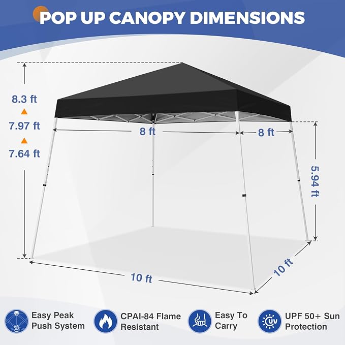COOS BAY 10x10 Pop Up Canopy Tent, Portable Outdoor Shelter with Carry Bag for Tailgate, Party, Beach, Picnic, and Camping, 10x10 Base 8x8 Top, Black