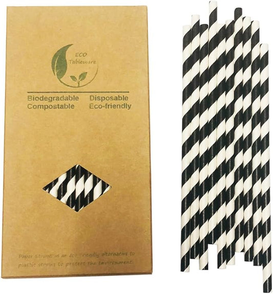 Black Striped Paper Drinking Straws, Pack of 100 Biodegradable Disposable Black White Stripes Straw for Restaurants, Juices, Smoothies