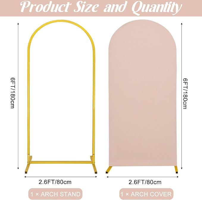 Metal Arch Stand and Cover Set,1 Nude Spandex Fitted Backdrop with 1 Gold Wedding Arched Stand Frame for Parties Birthday Baby Shower Bridal Banquet Decoration (6FT)
