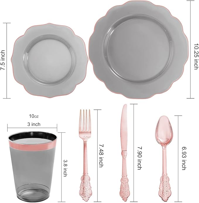 BUCLA 30Guests Clear Black Plastic Plates With Rose Gold Silverware & Cups - Rose Gold Rim Plastic Dinnerware Ideal for Party & Mother's Day