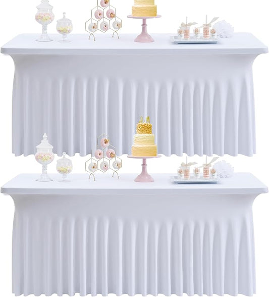 White Spandex Table Cloths for 6 Foot Rectangle Tables, 2 Pack Wrinkle Free Fitted Table Cover 6ft Tablecloth Stretchy Table Skirt for Parties Weddings Banquet Birthday Baby Shower