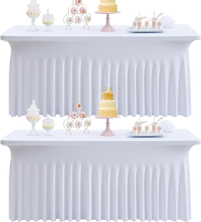 White Spandex Table Cloths for 8 Foot Rectangle Tables, 2 Pack Wrinkle Free Fitted Table Cover 8ft Tablecloth Stretchy Table Skirt for Parties Weddings Banquet Birthday Baby Shower