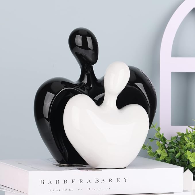 Ceramic Love Statue, Male and Female Couple embracing Sculpture, Black and White Home Decor, Wedding for Parents, Love Sign Figurines on The Shelf in The Living Room 2-Piece Set
