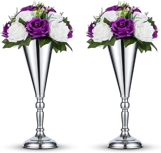 2 Pcs/ Set Tabletop Silver Metal Wedding Flower Trumpet Vase Table Decorative Centerpiece Artificial Flower Arrangements for Anniversary Ceremony Party Birthday Event Aisle Home Decoration