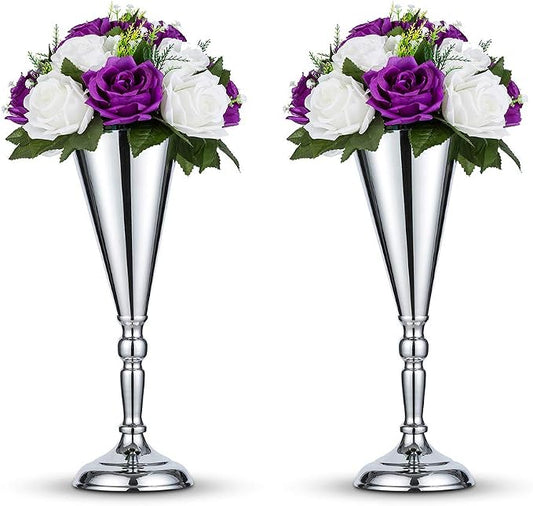2 Pcs/ Set Tabletop Silver Metal Wedding Flower Trumpet Vase Table Decorative Centerpiece Artificial Flower Arrangements for Anniversary Ceremony Party Birthday Event Aisle Home Decoration