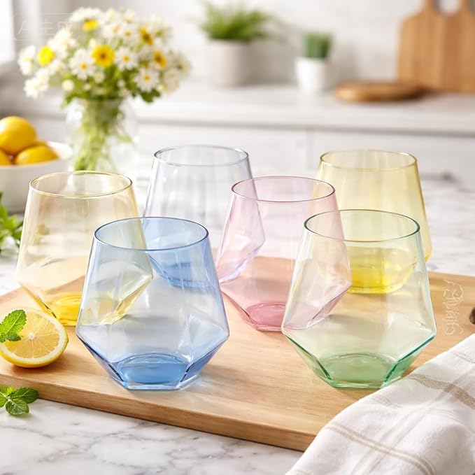 Oojami 40 Pack Diamond Disposable Plastic Wine Glasses 12oz for Parties | Stemless Wine Cups, Champagne Cocktail Whiskey - Shatterproof Unbreakable Reusable Recyclable BPA-Free, Weddings Birthday