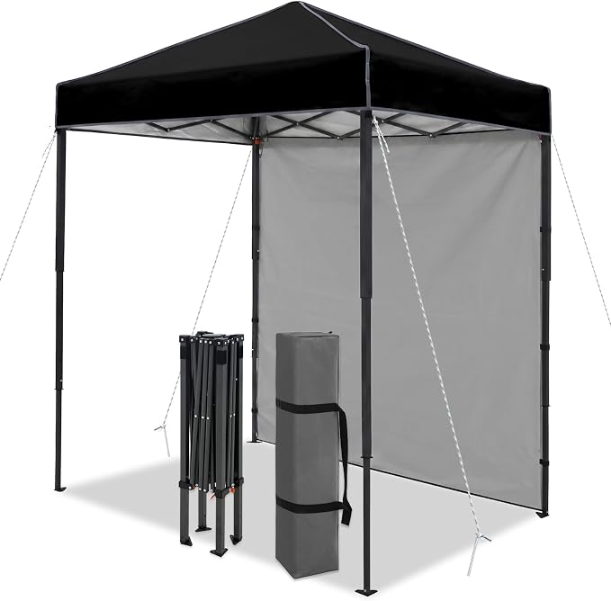 6x4 Pop Up Canopy Tent with One Wall Panel, Instant Portable Beach Canopy, Outdoor Tent with Carry Bag for Camping, Sports, Tailgating, Events, Black