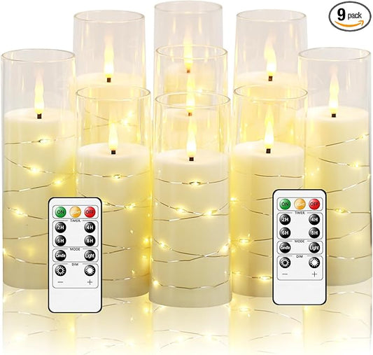 Nimiko Flickering Flameless LED Candles,Battery Operated Candles 9 Pcs with Embedded Star String,Acrylic LED Pillar Candles with Remote,Suitable for Home Decoration to Create an Atmosphere (Ivory)