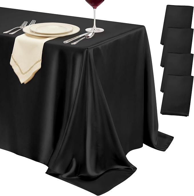 4 Pack Black Satin Tablecloth 58 x 102 Inches, Rectangular Satin Table Cloths for Wedding Reception, Birthday Party, Graduation & Holiday Banquet Tables