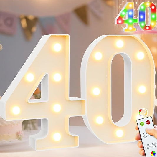 Pooqla 40th Birthday Decoration for Her Him, Decorative LED Light Up Numbers, Marquee Numbers 40 Sign for Party Backdrop 40th Wedding Anniversary Decor Gift, Warm White and Colorful Number 40