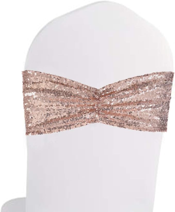 Eternal Beauty Set of 30 Rose Gold Chair Sashes Sequin Bands Bows Chair Sashes for Wedding Folding Chairs