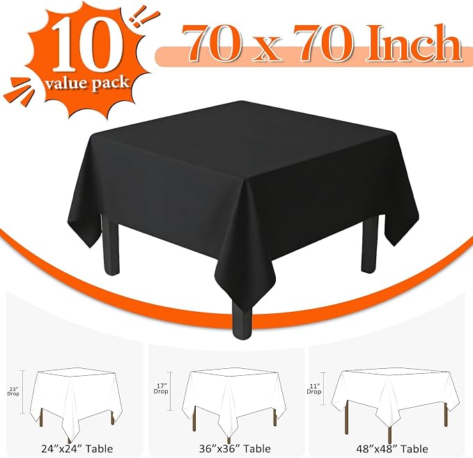 10 Pack Black Square Tablecloth 70x70 Inch Black Table Cloth, Wrinkle Resistant Tablecloth Square Washable Polyester Fabric Table Covers for Party Banquet Wedding Buffet