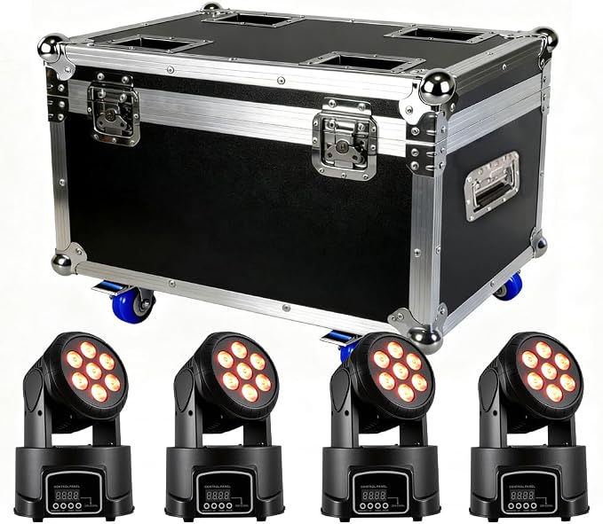 MINGJIE Moving Head DJ Lights, 12 Colors 7x10W LED Wash Stage Spotlight With DMX & Sound Active, 540° Pan 180° Tilt, Disco Party Lights for Weddings Clubs Concerts Events Bars (Flight case + 4 lights)