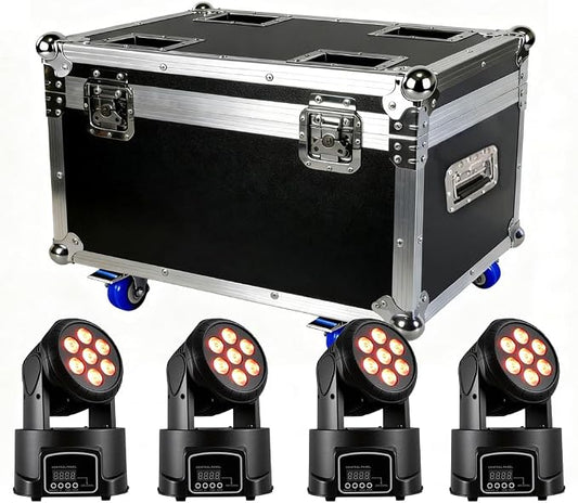 MINGJIE Moving Head DJ Lights, 12 Colors 7x10W LED Wash Stage Spotlight With DMX & Sound Active, 540° Pan 180° Tilt, Disco Party Lights for Weddings Clubs Concerts Events Bars (Flight case + 4 lights)