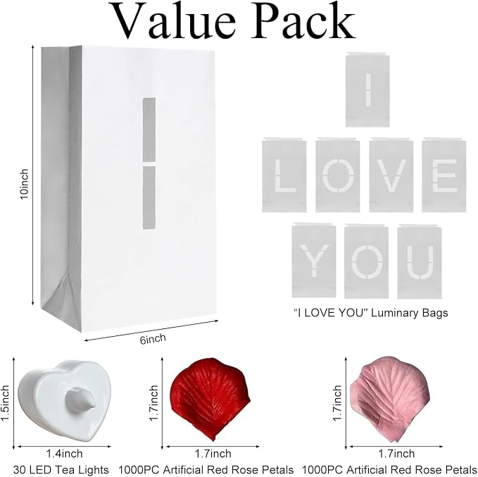 Valentines Day Decorations, Special Night Romantic Decorations - I Love You Light Up Letters Luminary Bags with Bright Flameless Tea Candles and Fake Rose Petals, Happy Anniversary