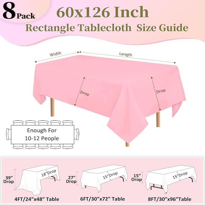 8 Pack Pink Tablecloth 60x126 Inch Rectangle Table Cloth for 8 Foot Rectangle Tables, Wrinkle Resistant Washable Polyester Fabric Rectangular Cover for Dining Banquet Wedding Party