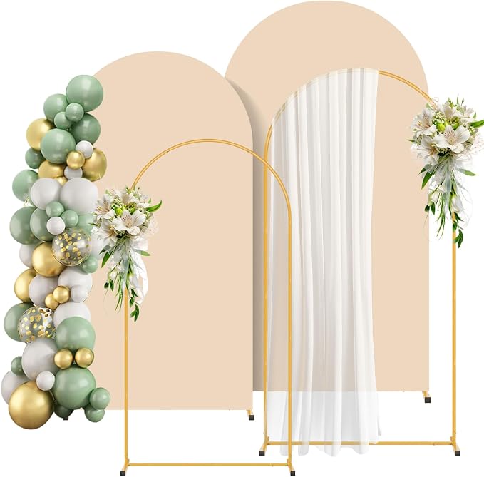 2 Pack Arch Backdrop Stand and Cover Set (7.2FT/6FT), Balloon Arch Stand, Metal Background Arch Stand, Backdrop Arch Frame, Wedding Arch for Backdrop (Apricot Cover)
