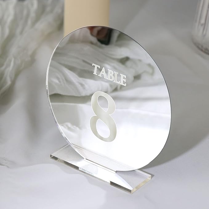 Acrylic Wedding Table Numbers 1-25 with Stands,4.8"Round Mirror Silver Table Number Signs and Holders for Wedding Reception, Party, Event, Centerpiece Decoration