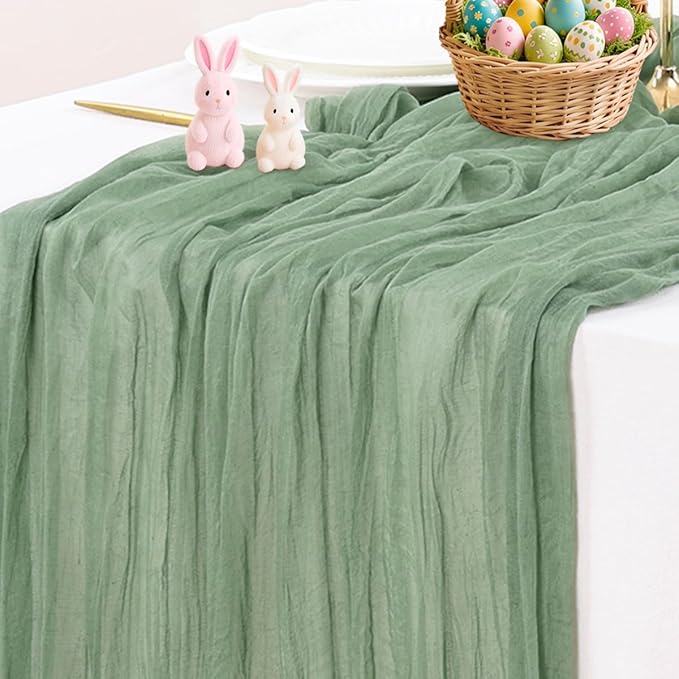 Socomi Sage Green Cheesecloth Table Runner Summer Boho Rustic Farmhouse Gauze 120 inch 10FT Cheese Cloth Sheer Runner for Wedding Party Baby Shower Birthday Home Decor Holiday Decorations