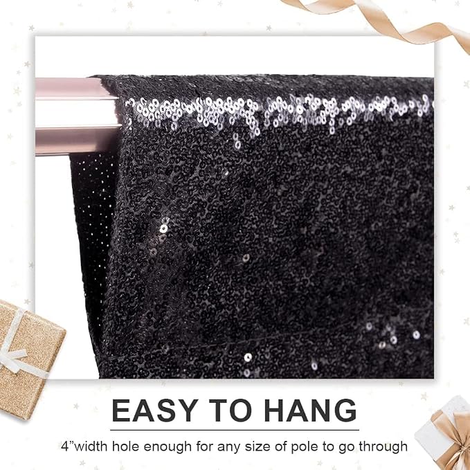 PartyDelight Black Sequin Backdrop Curtains 2x8ft 4 Panels | 3mm stitched sequin curtain with 4 inch rod pocket for 2x8ft 4 panel fuller wall coverage pleated backdrop and 8ft stand