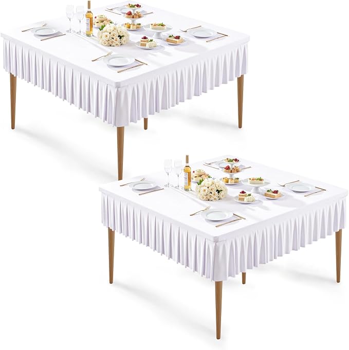2 Pack White Spandex Tablecloths for 48x48 Inch Square Tables, Stretch Fitted Table Clothes with Pleated Ruffle Skirt for 48” Table, Wrinkle Free and Elastic, for Party Kitchen Home Dining Outdoor