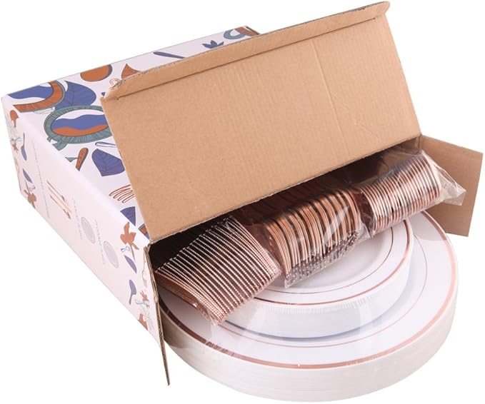 WDF-125PCS Rose Gold Plastic Silverware&Disposable Plastic Plates - Disposable Plates include 25 Dinner Plate,25 Salad Plate,25 Forks, 25 Knives, 25 Spoons for Mother's Day Wedding Party Birthday