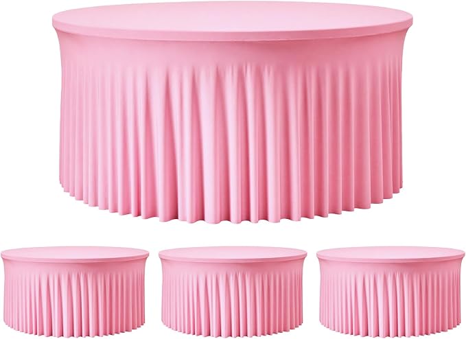 4 Pack Pink 72 inch Round Spandex Tablecloth, Wrinkle-Free Stretchy Fitted 6FT Round Tables,Elastic Edge with Skirt,Washable Table Cloths for Wedding Banquet Party Birthday Buffet