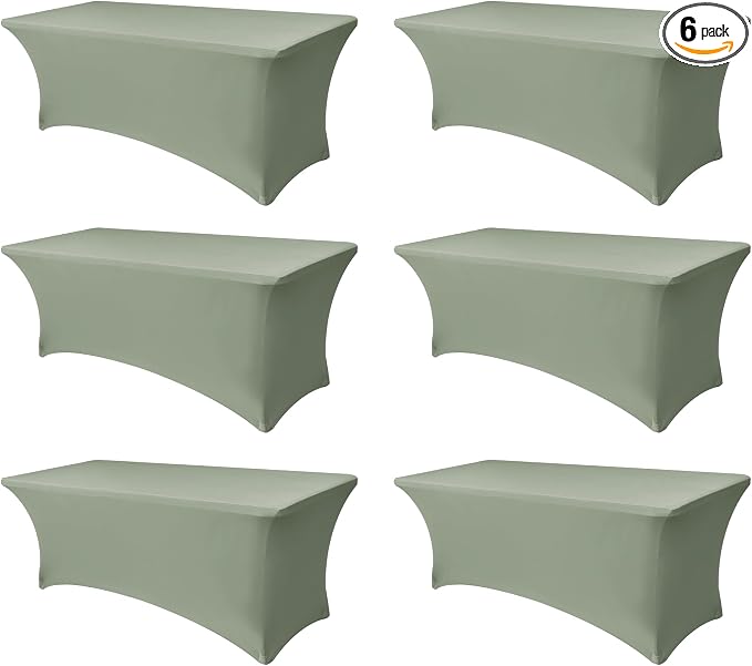 Stretch Table Cover for 6 Foot Rectangle Tables-6 Pack Sage Spandex Fitted Tablecloth-Elastic 6ft Folding Tablecloths for Party, Vendor Booth Display, Banquet Buffet Event, Craft Trade Show