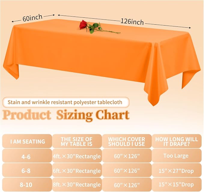 12 Pack Orange Tablecloths for Rectangle Tables Stain and Wrinkle Resistant Washable Polyester Tablecloth 60 x 126 Inch Table Cloth Rectangle Table 8 Foot Rectangle Table Cloth for Wedding Party