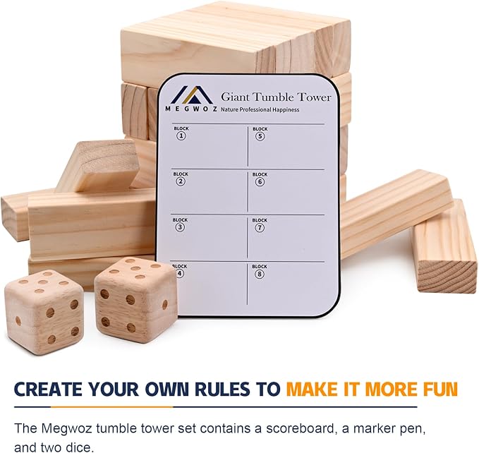 Megwoz Giant Tumble Tower Games for Kids and Adults 57 Blocks New Zealand Pine Wooden Blocks Stacking to Over 4.2FT Family Game for Indoors Outdoors Yard Games for Family