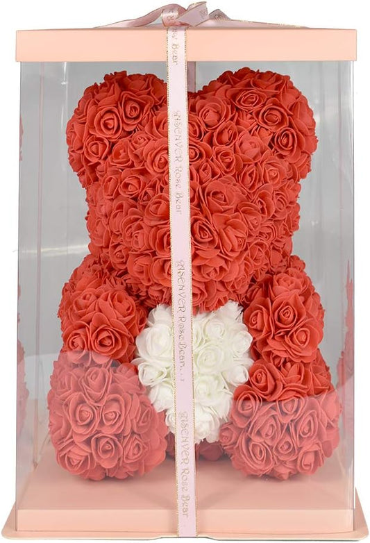 Hand Made Rose Bear Artificial Flower Gift for Mather's Day Birthday Valentine's Day with a 15" Pink Gift Box (Red-White Heart)