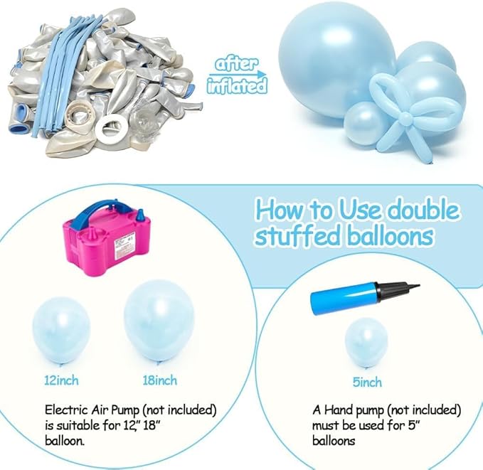 Pearl Blue Balloon Double Stuffed Light Baby Blue Balloons Garland Pearl Arch Kit Long Balloons Different Size for Birthday Wedding Baby Shower Anniversary Decoration
