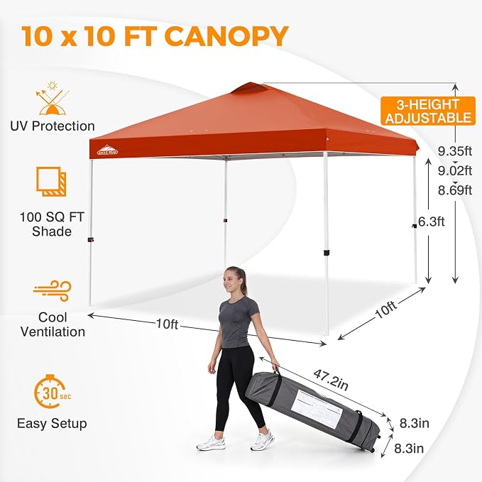 EAGLE PEAK Pop Up Canopy Tent with Wheeled Carry Bag, 8 Stakes, 4 Ropes, 4 Weight Bags, Easy Set Up Tent Canopy, 10x10 ft, 100sqft of Shade, Brick Red