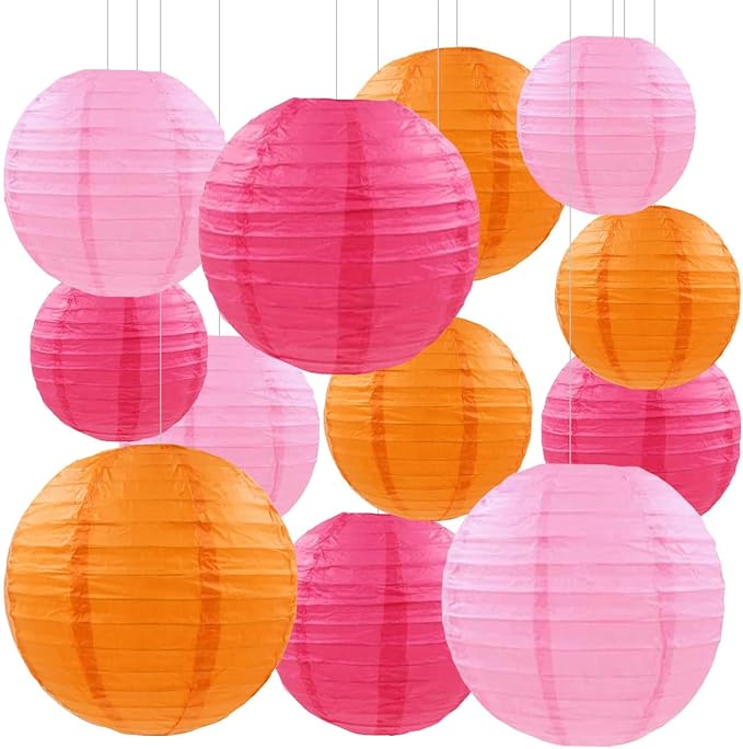 Hot Pink Orange Party Decorations,12pcs Paper Lanterns for Birthday Baby Shower Wedding Party Decorations(Hot Pink,Pink,Orange)
