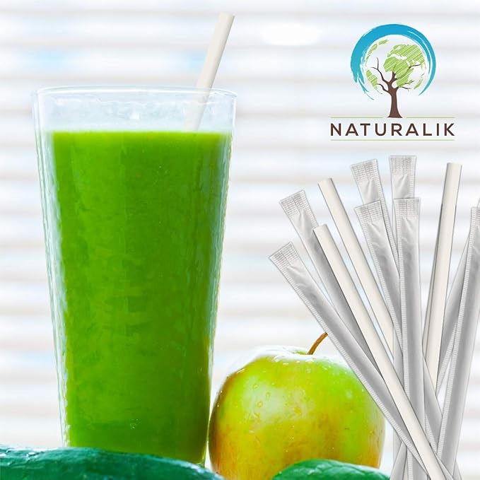 Naturalik 300-Pack Individually Wrapped Paper Straws - 100% Biodegradable Dye-Free Premium White Bulk Drinking Straws for Juices, Smoothies, Restaurant (Regular 7.7")