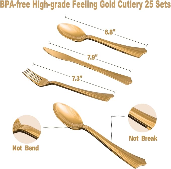 AIRE 350PCS White and Gold Party Supplies, Bulk Disposable Dinnerware Set Serves 50, Heavy Duty Paper Plates & Plastic Cutlery Forks Knives Spoons for Wedding, Anniversary, Large Event