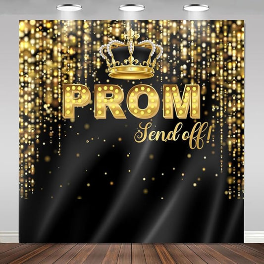 Prom Send Off Backdrop 8x8ft Black and Gold 2026 Graduation Photography Background Party Decorations Class of 2026 Congrats Grad Banner Photo Booth Props