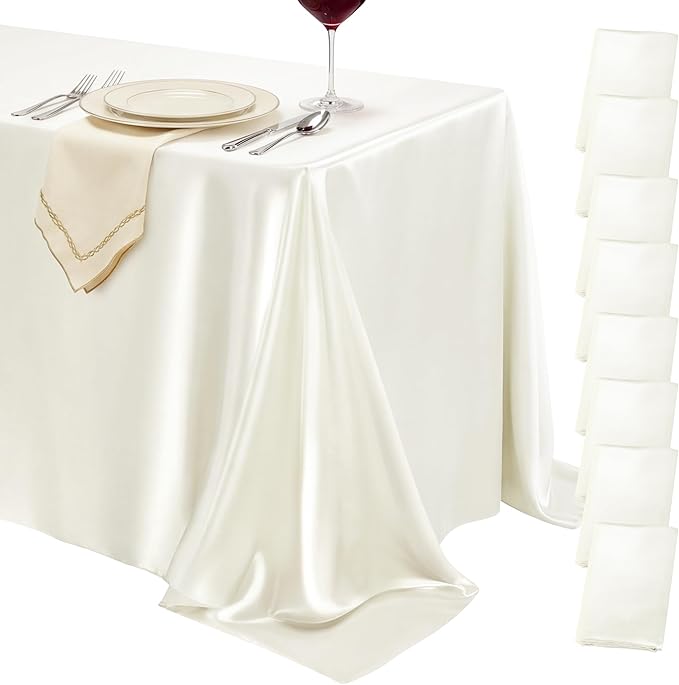 8 Pack Ivory Satin Tablecloth 58 x 102 Inches, Rectangular Satin Table Cloths for Wedding Reception, Birthday Party, Graduation & Holiday Banquet Tables