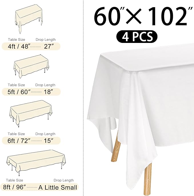 4 Pack Rectangle Tablecloth 60x102 Inch White Washable Polyester Table Cover for Wedding Dining Table Buffet Parties Banquet Decoration（White）