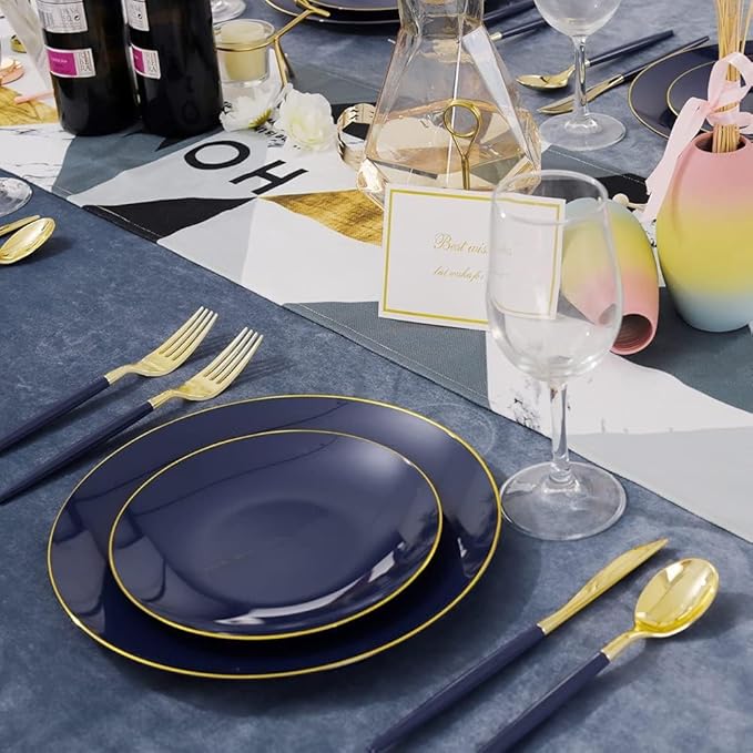 Liacere 150PCS Blue Plastic Plates - Gold Plastic Silverware with Blue Handle - Navy Disposable Plates Include 30 Guests Plates,Forks,Spoons,Knives for Party & Graduation & Memorial Day