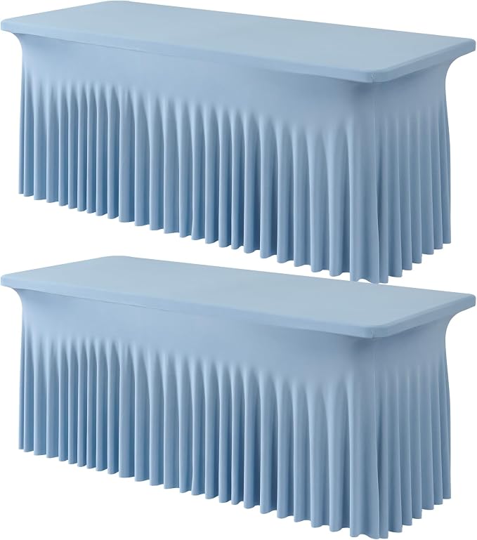 2 Pack Dusty Blue Spandex Fitted Tablecloths for 6 Foot Rectangle Tables, Dusty Blue Stretch Table Cloth with Table Skirt, Wrinkle Free Spandex Table Covers 6ft for Parties, Weddings, Trade Shows