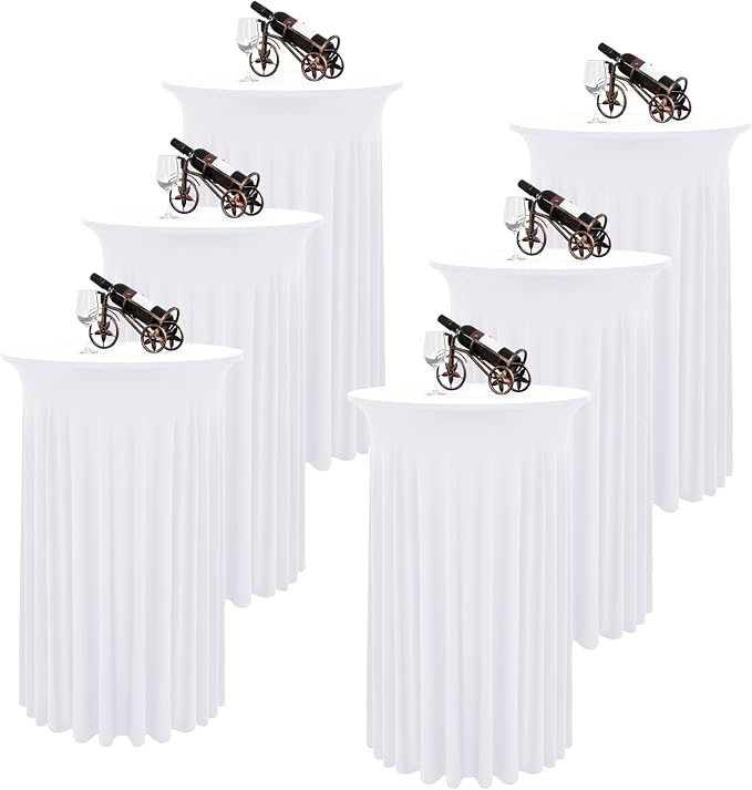 6 Packs Round Cocktail Table Skirt 32"x 43" Spandex Stretch Cocktail Tablecloth with Wavy Drapes, White Spandex Fitted High Top Table Covers for Wedding Bar Party Birthday Banquet Tables