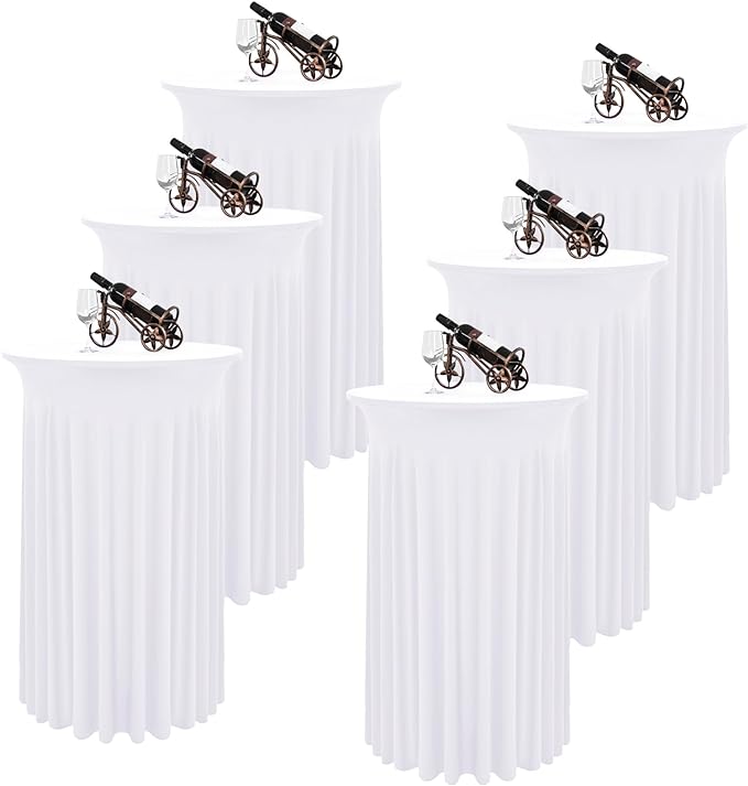 6 Packs Round Cocktail Table Skirt 24"x 43" Spandex Stretch Cocktail Tablecloth with Wavy Drapes, White Spandex Fitted High Top Table Covers for Wedding Bar Party Birthday Banquet Tables